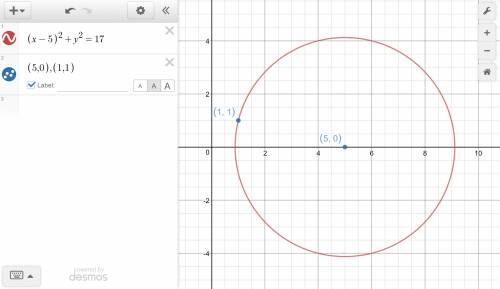 What is an equation of a circle with center (5,0) that passes through the point (1,1)