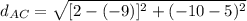 d_{AC}= \sqrt{[2-(-9)]^2+(-10-5)^2}