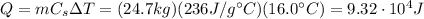 Q=mC_s \Delta T=(24.7 kg)(236 J/g^{\circ}C)(16.0^{\circ}C)=9.32 \cdot 10^4 J