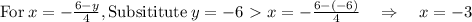 \mathrm{For\:}x=-\frac{6-y}{4}, \mathrm{Subsititute\:}y=-6 \ \textgreater \  x=-\frac{6-\left(-6\right)}{4}\quad \Rightarrow \quad x=-3