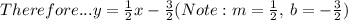 Therefore... y=\frac{1}{2}x-\frac{3}{2} (Note: m=\frac{1}{2},\:b=-\frac{3}{2})