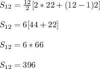 S_{12}=\frac{12}{2}[2*22+(12-1)2]\\ \\ S_{12}=6[44+22]\\ \\ S_{12}=6*66\\ \\S_{12}=396\\