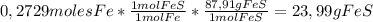 0,2729 moles Fe* \frac{1 mol FeS}{1 mol Fe} * \frac{87,91 g FeS}{1 mol FeS}=23,99 g FeS