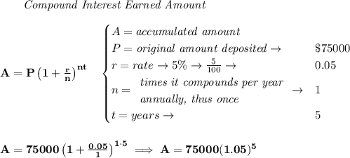 \bf ~~~~~~ \textit{Compound Interest Earned Amount}&#10;\\\\&#10;A=P\left(1+\frac{r}{n}\right)^{nt}&#10;\quad &#10;\begin{cases}&#10;A=\textit{accumulated amount}\\&#10;P=\textit{original amount deposited}\to &\$75000\\&#10;r=rate\to 5\%\to \frac{5}{100}\to &0.05\\&#10;n=&#10;\begin{array}{llll}&#10;\textit{times it compounds per year}\\&#10;\textit{annually, thus once}&#10;\end{array}\to &1\\&#10;t=years\to &5&#10;\end{cases}&#10;\\\\\\&#10;A=75000\left(1+\frac{0.05}{1}\right)^{1\cdot 5}\implies A=75000(1.05)^5