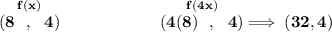 \bf \stackrel{f(x)}{(8~~,~~4)}\qquad \qquad \qquad \stackrel{f(4x)}{(4(8)~~,~~4)}\implies (32,4)