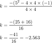 k=\dfrac{-(5^2-4\times 4\times (-1)}{4\times 4}\\\\\\k=\dfrac{-(25+16)}{16}\\\\k=\dfrac{-41}{16}=-2.563