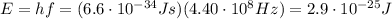 E=hf=(6.6 \cdot 10^{-34} Js)(4.40 \cdot 10^8 Hz)=2.9 \cdot 10^{-25} J