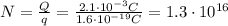 N= \frac{Q}{q}= \frac{2.1 \cdot 10^{-3} C}{1.6 \cdot 10^{-19}C}=1.3 \cdot 10^{16}
