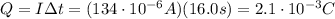 Q=I \Delta t=(134 \cdot 10^{-6}A)(16.0 s)=2.1 \cdot 10^{-3}C