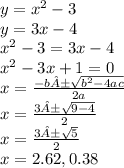 y=x^{2}-3 \\&#10;y=3x-4 \\&#10;x^{2}-3=3x-4 \\ &#10;x^{2}-3x+1=0 \\ &#10;x= \frac{-b± \sqrt{b^{2}-4ac} }{2a} \\ &#10;x= \frac{3± \sqrt{9-4} }{2} \\ &#10;x= \frac{3± \sqrt{5} }{2} \\ &#10;x=2.62, 0.38&#10;