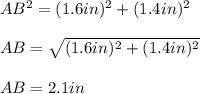 AB^2=(1.6in)^2+(1.4in)^2\\\\AB=\sqrt{(1.6in)^2+(1.4in)^2}\\\\AB=2.1in