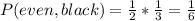 P(even, black) =  \frac{1}{2}  * \frac{1}{3}  =  \frac{1}{6}