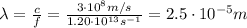 \lambda= \frac{c}{f}= \frac{3 \cdot 10^8 m/s}{1.20 \cdot 10^{13} s^{-1}}=  2.5 \cdot 10^{-5}m