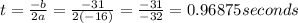 t=\frac{-b}{2a}=\frac{-31}{2(-16)} = \frac{-31}{-32}=0.96875 seconds