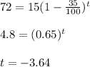 72=15(1-\frac{35}{100})^t\\\\ 4.8= (0.65)^t\\\\ t= -3.64