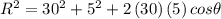 R^2=30^2+5^2+2\left ( 30\right )\left ( 5\right )cos\theta