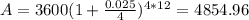 A=3600(1+ \frac{0.025}{4})^{4*12}  =$ 4854.96