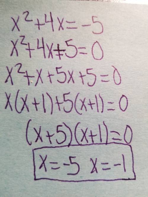 Solve the following for x and show all of your steps:  x2+4x=−5