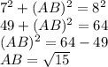 7^2+(AB)^2=8^2 \\ 49+(AB)^2=64 \\(AB)^2=64-49 \\ AB=\sqrt{15}