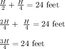 \frac{H}{2}+ \frac{H}{4}=24\text{ feet}\\&#10;\\&#10;\frac{2H}{4}+\ \frac{H}{4}=24\text{ feet}\\&#10;\\&#10;\frac{3H}{4}=24\text{ feet}