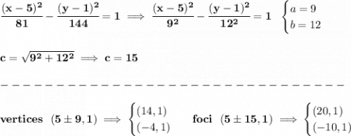 \bf \cfrac{(x-5)^2}{81}-\cfrac{(y-1)^2}{144}=1\implies \cfrac{(x-5)^2}{9^2}-\cfrac{(y-1)^2}{12^2}=1~~&#10;\begin{cases}&#10;a=9\\&#10;b=12&#10;\end{cases}&#10;\\\\\\&#10;c=\sqrt{9^2+12^2}\implies c=15\\\\&#10;-------------------------------\\\\&#10;vertices~~(5\pm 9,1)\implies &#10;\begin{cases}&#10;(14,1)\\&#10;(-4,1)&#10;\end{cases}~~foci~~(5\pm 15,1)\implies &#10;\begin{cases}&#10;(20,1)\\&#10;(-10,1)&#10;\end{cases}