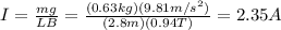I= \frac{mg}{LB}= \frac{(0.63 kg)(9.81 m/s^2)}{(2.8 m)(0.94 T)} =2.35 A