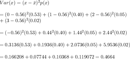 Var(x)=(x-\bar{x})^2p(x) \\  \\ =(0-0.56)^2(0.53)+(1-0.56)^2(0.40)+(2-0.56)^2(0.05)\\+(3-0.56)^2(0.02) \\  \\ =(-0.56)^2(0.53)+0.44^2(0.40)+1.44^2(0.05)+2.44^2(0.02) \\  \\ =0.3136(0.53)+0.1936(0.40)+2.0736(0.05)+5.9536(0.02) \\  \\ =0.166208+0.07744+0.10368+0.119072=0.4664