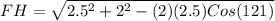 FH= \sqrt{2.5^{2}+2^{2}-(2)(2.5)Cos(121)}