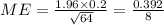ME=\frac{1.96{\times}0.2}{\sqrt{64}}=\frac{0.392}{8}