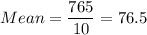 Mean =\displaystyle\frac{765}{10} = 76.5
