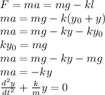 F=ma=mg-kl\\ ma=mg-k(y_0+y)\\ ma=mg-ky-ky_0\\ ky_0=mg\\ ma=mg-ky-mg\\ ma=-ky\\ \frac{d^2y}{dt^2}+\frac{k}{m}y=0