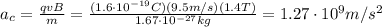 a_c =  \frac{qvB}{m}= \frac{(1.6 \cdot 10^{-19} C)(9.5 m/s)(1.4 T)}{1.67 \cdot 10^{-27} kg}  =1.27 \cdot 10^9 m/s^2
