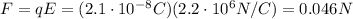 F=qE=(2.1 \cdot 10^{-8} C)(2.2 \cdot 10^6 N/C)=0.046 N