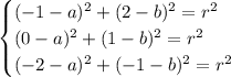\begin{cases}(-1-a)^2+(2-b)^2=r^2\\(0-a)^2+(1-b)^2=r^2\\(-2-a)^2+(-1-b)^2=r^2\end{cases}