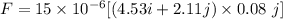 F=15\times 10^{-6}[(4.53i+2.11j)\times 0.08\ j]