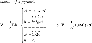 \bf \textit{volume of a pyramid}\\\\&#10;V=\cfrac{1}{3}Bh~~&#10;\begin{cases}&#10;B=area~of\\&#10;\qquad its~base\\&#10;h=height\\&#10;------\\&#10;B=\stackrel{32\times 32}{1024}\\&#10;h=28&#10;\end{cases}\implies V=\cfrac{1}{3}(1024)(28)
