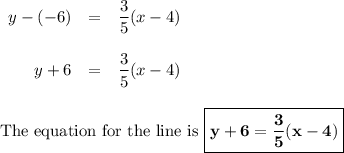 \begin{array}{rcl}y - (-6) & = & \dfrac{3}{5}(x - 4)\\\\y + 6 & = & \dfrac{3}{5}(x - 4)\\\\\end{array}\\\text{The equation for the line is $\boxed{\mathbf{y + 6 =\dfrac{3}{5}(x - 4)}}$}
