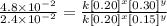 \frac{4.8\times 10^{-2}}{2.4\times 10^{-2}}=\frac{k[0.20]^x[0.30]^y}{k[0.20]^x[0.15]^y}