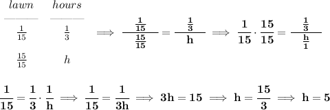 \bf \begin{array}{ccll}&#10;lawn&hours\\&#10;\text{\textemdash\textemdash\textemdash}&\text{\textemdash\textemdash\textemdash}\\&#10;\frac{1}{15}&\frac{1}{3}\\\\&#10;\frac{15}{15}&h&#10;\end{array}\implies \cfrac{\quad \frac{1}{15}\quad }{\frac{15}{15}}=\cfrac{\quad \frac{1}{3}\quad }{h}\implies \cfrac{1}{15}\cdot \cfrac{15}{15}=\cfrac{\quad \frac{1}{3}\quad }{\frac{h}{1}}&#10;\\\\\\&#10;\cfrac{1}{15}=\cfrac{1}{3}\cdot \cfrac{1}{h}\implies \cfrac{1}{15}=\cfrac{1}{3h}\implies 3h=15\implies h=\cfrac{15}{3}\implies h=5