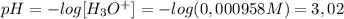 pH=-log[H_3O^{+}] =-log (0,000958M)=3,02