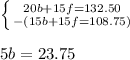 \left \{ {{20b+15f=132.50} \atop {-(15b+15f=108.75)}} \right. &#10;\\&#10;\\ 5b = 23.75