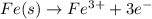 Fe(s)\rightarrow Fe^{3+}+3e^-