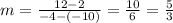 m= \frac{12-2}{-4-(-10)}=\frac{10}{6}=\frac{5}{3}