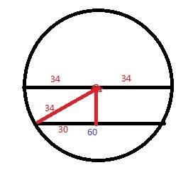 The radius of a circle is 34 meters long, and a chord of the circle is 60 meters long. how far is th