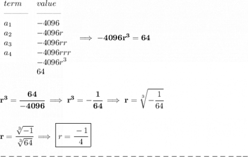 \bf \begin{array}{llccll}&#10;term&value\\&#10;\text{\textemdash\textemdash\textemdash}&\text{\textemdash\textemdash\textemdash}\\&#10;a_1&-4096\\&#10;a_2&-4096r\\&#10;a_3&-4096rr\\&#10;a_4&-4096rrr\\&#10;&-4096r^3\\&#10;&64&#10;\end{array}\implies -4096r^3=64&#10;\\\\\\&#10;r^3=\cfrac{64}{-4096}\implies r^3=-\cfrac{1}{64}\implies r=\sqrt[3]{-\cfrac{1}{64}}&#10;\\\\\\&#10;r=\cfrac{\sqrt[3]{-1}}{\sqrt[3]{64}}\implies \boxed{r=\cfrac{-1}{4}}\\\\&#10;-------------------------------
