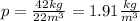 p= \frac{42kg}{22m^3}=1.91  \frac{kg}{m^3}