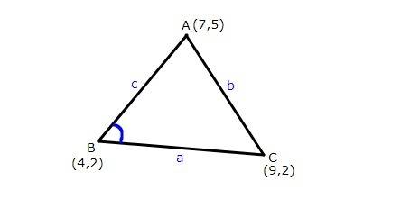 The vertices of a triangle abc are a(7, 5), b(4, 2), and c(9, 2). what is measure of angle abc?  30°