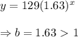 y=129(1.63)^x \\ \\ \Rightarrow b= 1.63 \ \textgreater \ 1