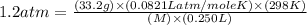 1.2atm=\frac{(33.2g)\times (0.0821Latm/moleK)\times (298K)}{(M)\times (0.250L)}