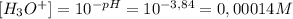 [H_3O^{+}] = 10^{-pH} =10^{-3,84}=0,00014 M